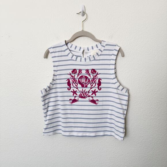 [Anthropologie] Maeve White Blue Striped Seashell Graphic Cropped Tank Top Sz XL - Picture 3 of 12